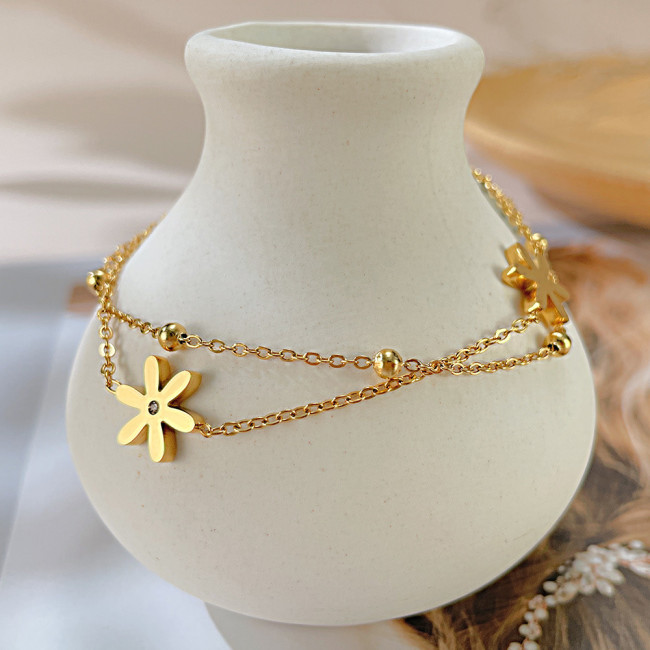 Wholesale Stainless Steel Double-Layered Daisy Anklet