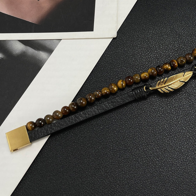 Wholesale Stainless Steel Tiger Eye Beads Leather Bracelet with Feather