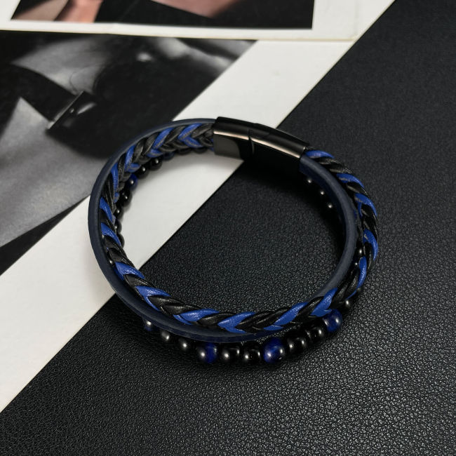 Wholesale Stainless Steel Two-Tone Braided Leather Bracelet