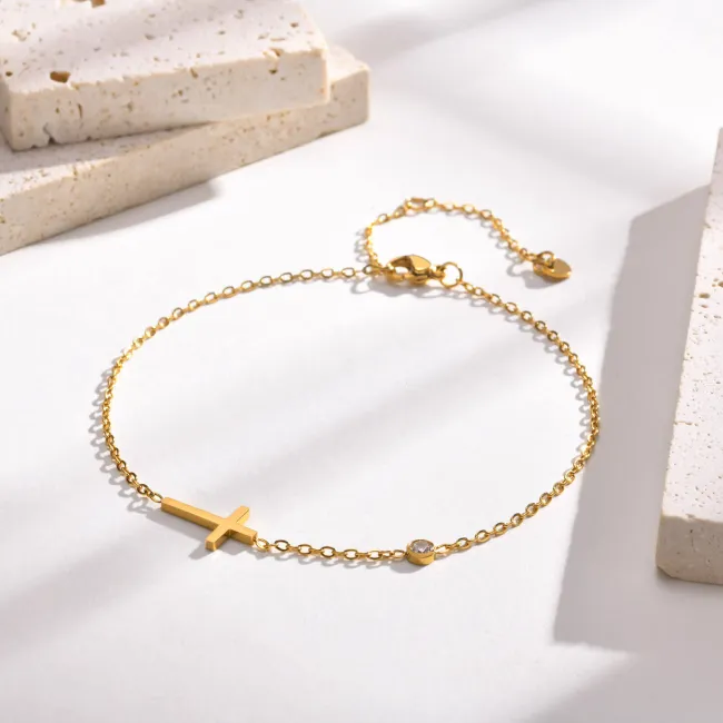 Wholesale Stainless Steel Sideways Cross Anklet with CZ