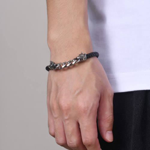 Wholesale Stainless Steel Chain and Leather Bracelet