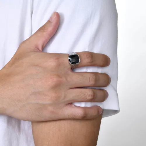 Wholesale Stainless Steel Black Glass Signet Ring