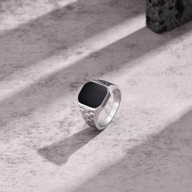 Wholesale Stainless Steel Black Glass Signet Ring