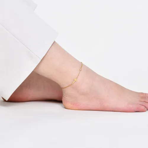 Wholesale Stainless Steel Sideways Cross Anklet with CZ