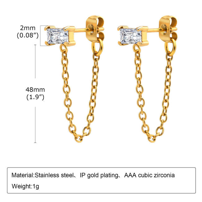 Wholesale Stainless Steel CZ Stud with Chain Earring