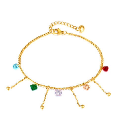 Wholesale Stainless Steel Candy Color Glass Stone Anklet