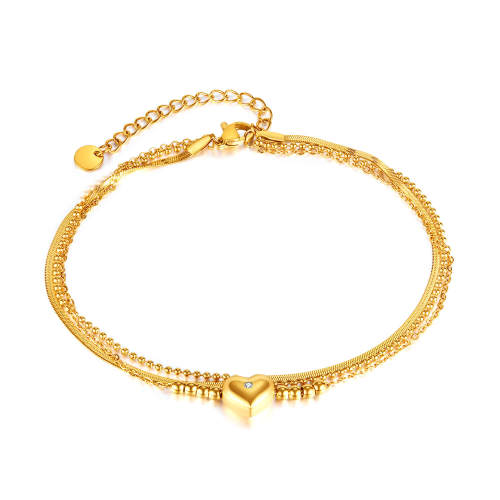 Wholesale Stainless Steel Gold Multi-layer Anklet with Heart