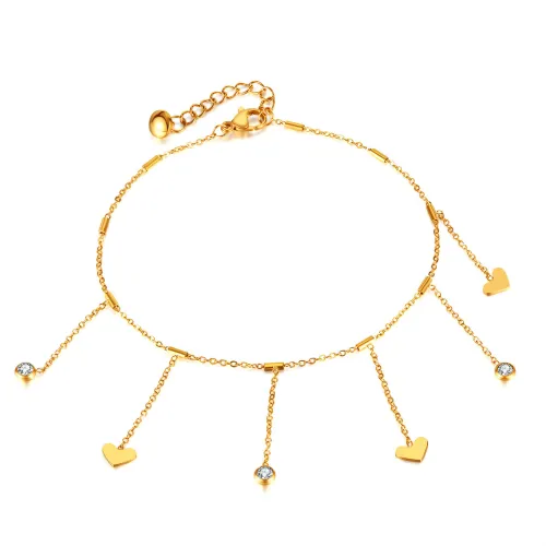 Wholesale Stainless Steel Heart & CZ Tassel Anklet