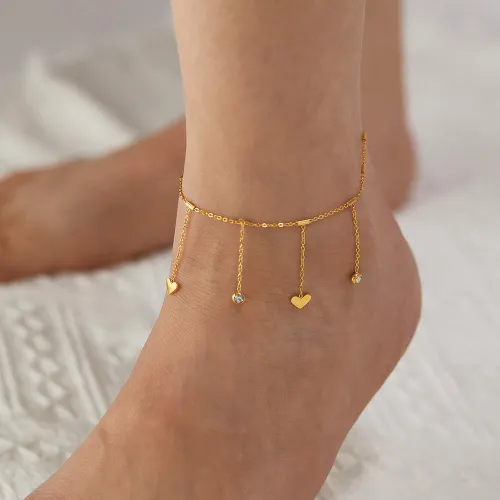 Wholesale Stainless Steel Heart & CZ Tassel Anklet