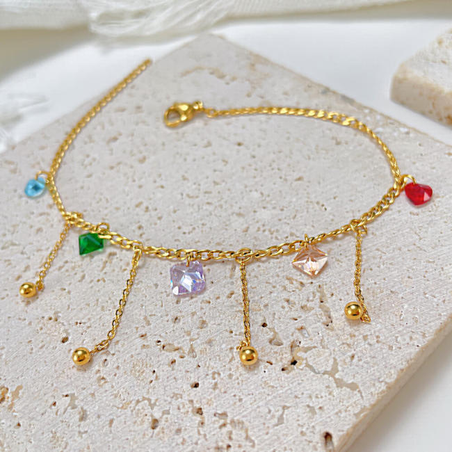 Wholesale Stainless Steel Candy Color Glass Stone Anklet