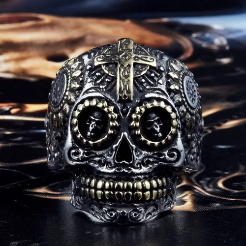 Wholesale Stainless Steel Gold Sugar Skull Ring