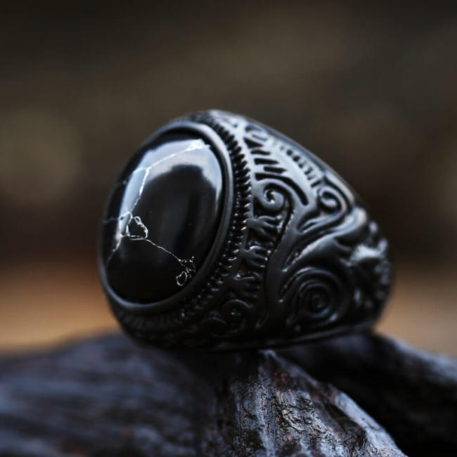 Wholesale Stainless Steel Vintage Black Stone Punk Ring