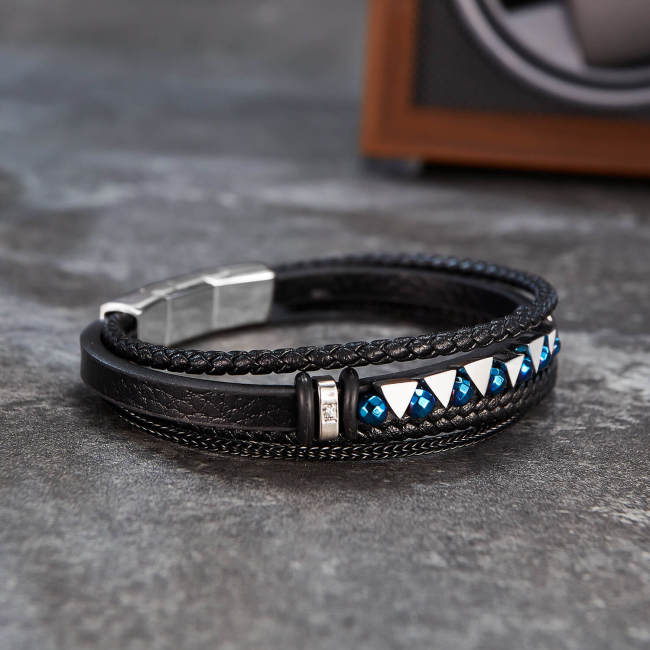 Wholesale Mens Leather Bracelet with Black Gallstone