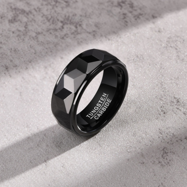 Wholesale Black Tungsten Ring Matte Facet Cut Step Edge