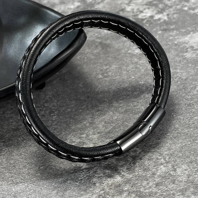Wholesale Stainless Steel Classic Black Leather Bracelet
