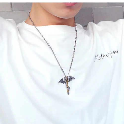 Wholesale Stainless Steel Mens Pterosaur Catch Sword Necklace
