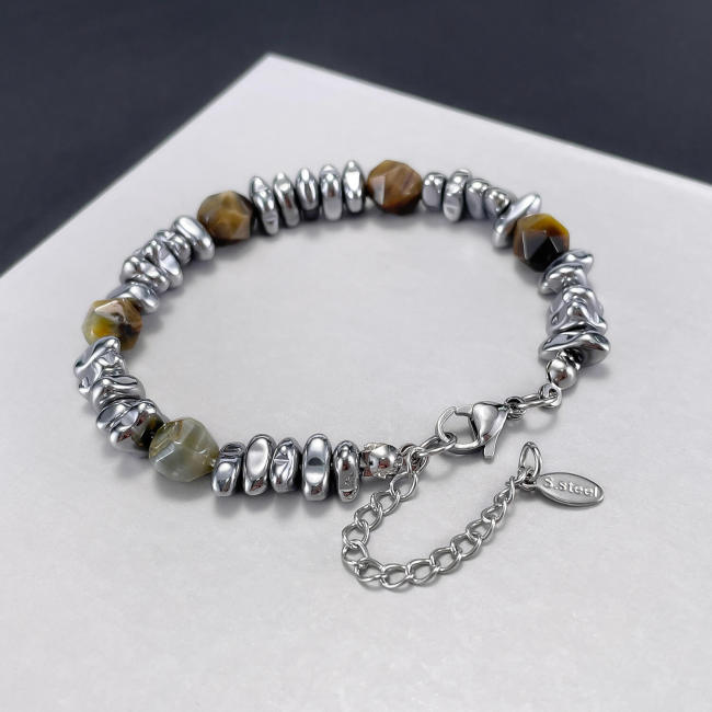 Wholesale Stainless Steel Diamond Faceted Tiger's eye Beads Bracelet