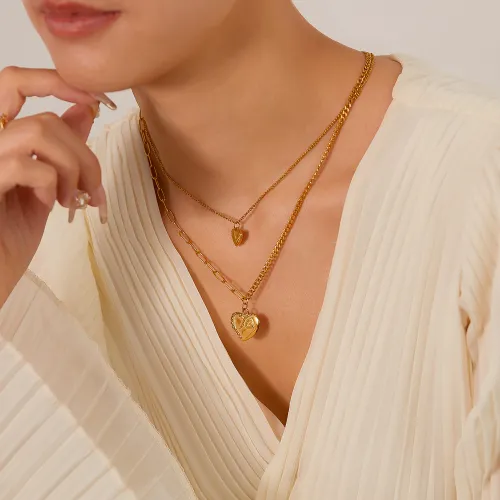Wholesale Stainless Steel Gold Double Heart Layered Necklace