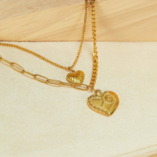 Wholesale Stainless Steel Gold Double Heart Layered Necklace