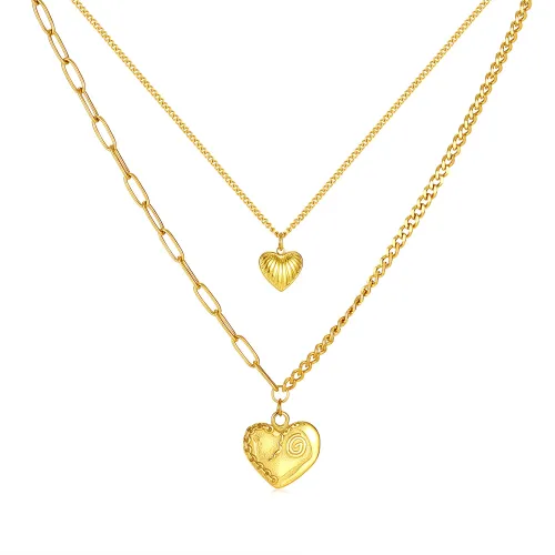 Wholesale Stainless Steel Gold Double Heart Layered Necklace
