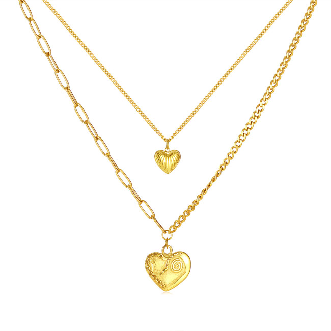 Wholesale Stainless Steel Gold Double Heart Layered Necklace