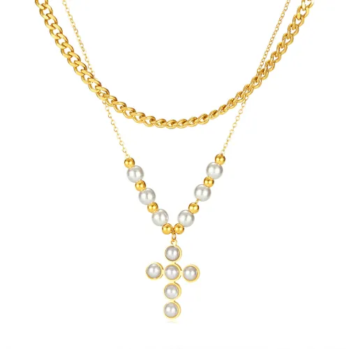 Wholesale Stainless Steel Layered Pearl Cross Necklace
