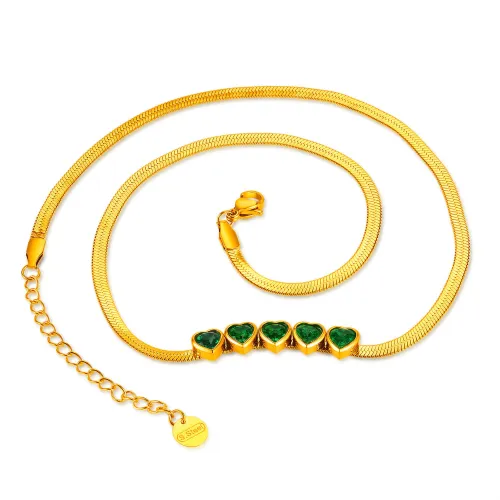 Wholesale Stainless Steel Herringbone Necklace with Green CZ Heart