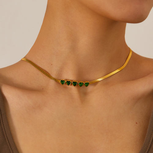 Wholesale Stainless Steel Herringbone Necklace with Green CZ Heart