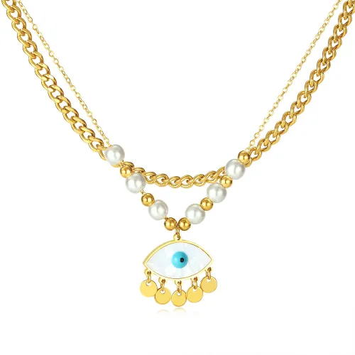 Wholesale Stainless Steel Pearl Evil Eye Layered Necklace