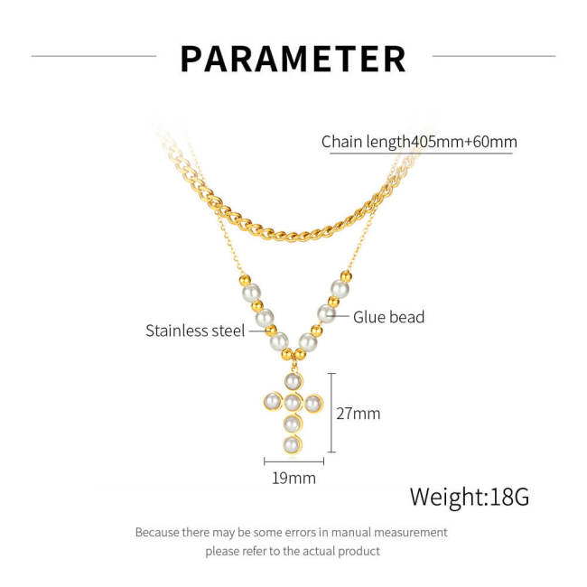 Wholesale Stainless Steel Layered Pearl Cross Necklace