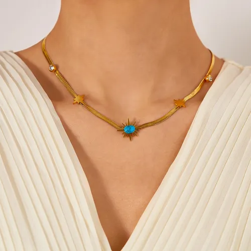 Wholesale Stainless Steel  Herringbone Necklace with Turquoise Star and CZ