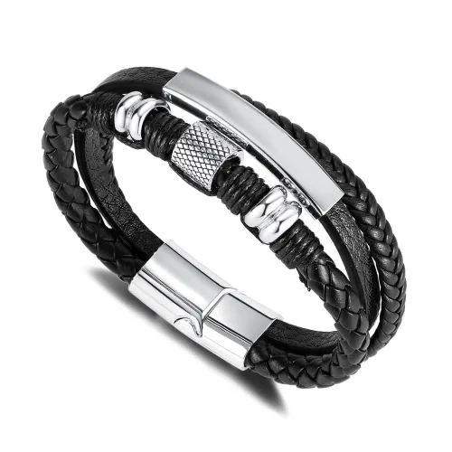 Wholesale Stainless Steel Multi-layer Braided Leather Bracelet