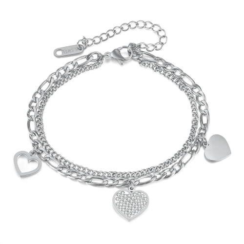Wholesale Stainless Steel Figaro Chain Bracelet with Three Hearts