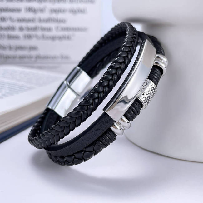 Wholesale Stainless Steel Multi-layer Braided Leather Bracelet