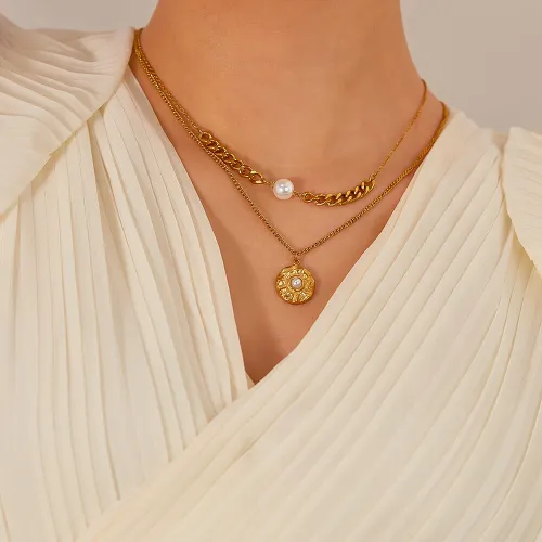 Wholesale Stainless Steel Pearl Double Layer Chain