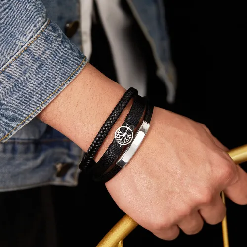 Wholesale Stainless Steel Triple Tree of Life Leather Bracelet