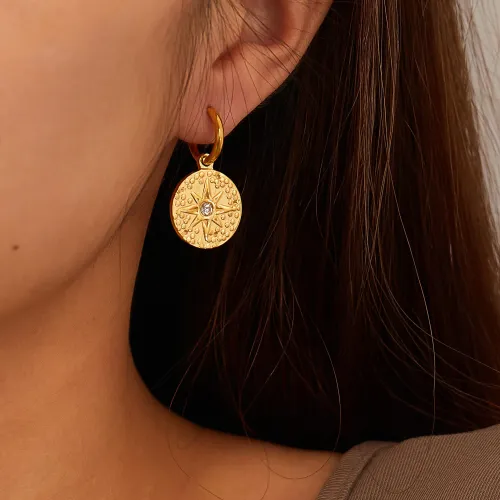 Wholesale Stainless Steel 8 Pointed Star CZ Round Earrings