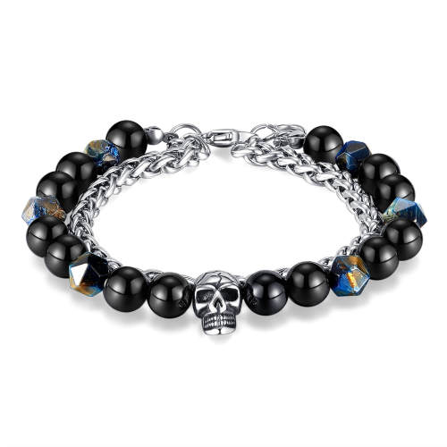 Wholesale Stainless Steel Stacked Skull Beads Bracelet