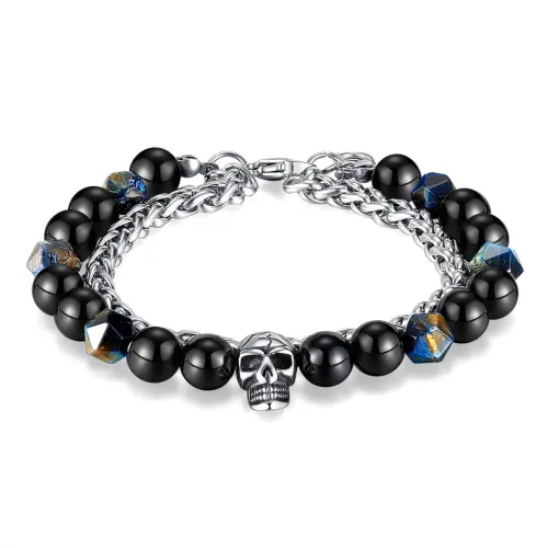Wholesale Stainless Steel Stacked Skull Beads Bracelet