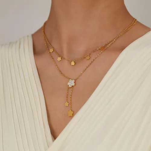 Wholesale Stainless Steel Women Layered Flower Necklace