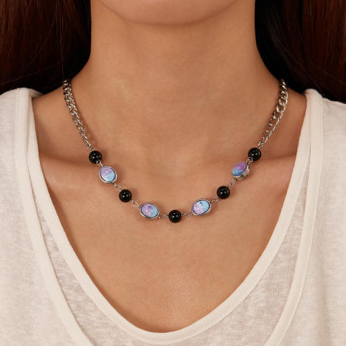Wholesale Stainless Steel Glass Beads Collarbone Necklace