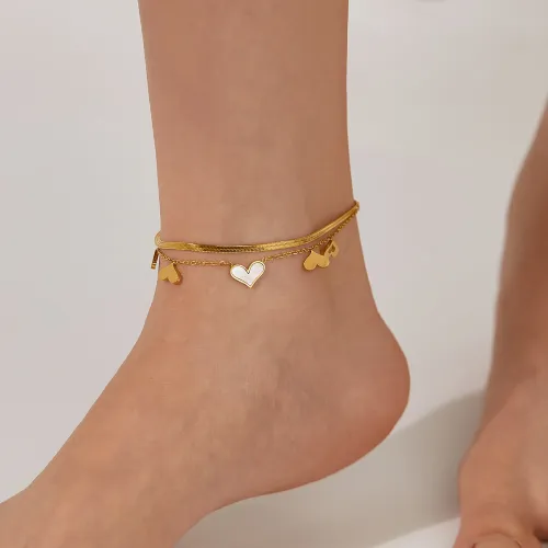 Wholesale Stainless Steel Double Layer Herringbone Heart Anklet