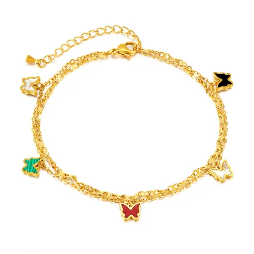 Wholesale Stainless Steel Double Layer Colorful Butterfly Anklet