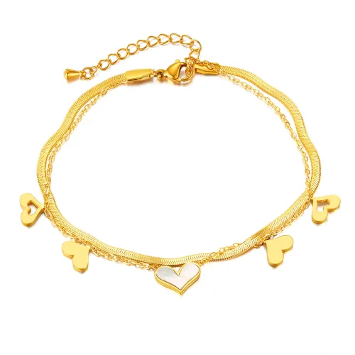 Wholesale Stainless Steel Double Layer Herringbone Heart Anklet