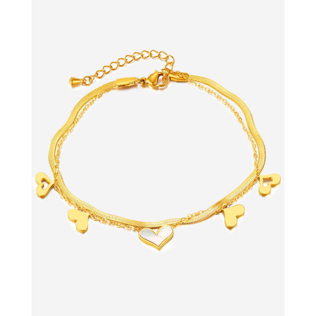 Wholesale Stainless Steel Double Layer Herringbone Heart Anklet