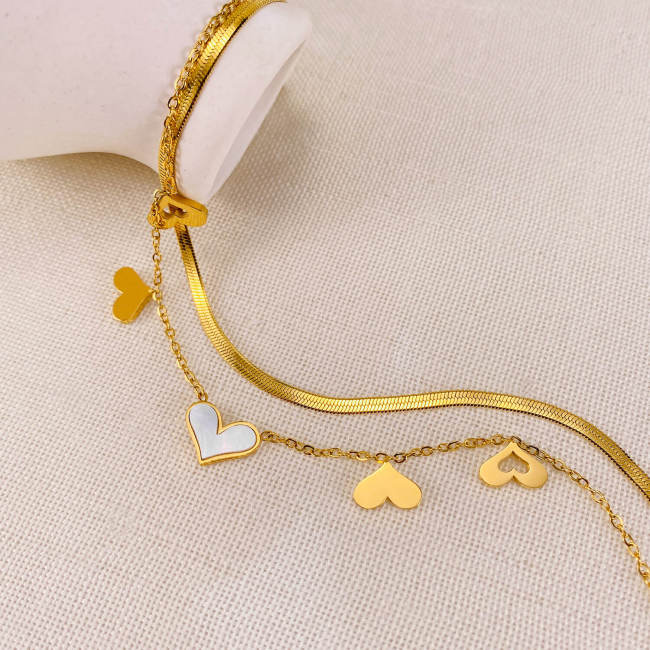 Wholesale Stainless Steel Double Layer Herringbone Heart Anklet
