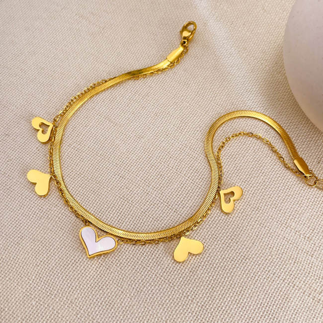Wholesale Stainless Steel Double Layer Herringbone Heart Anklet