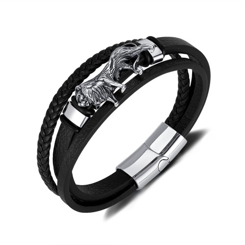 Wholesale Stainless Steel Lion Multi-Layer Leather Bracelet