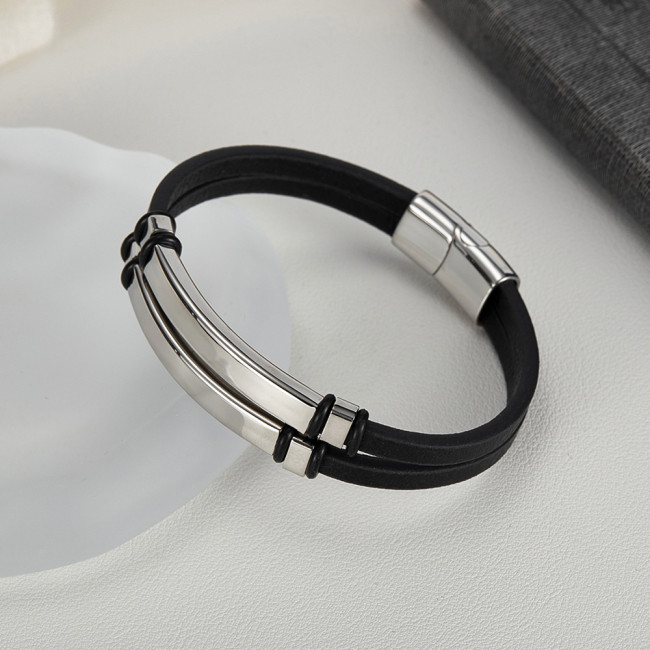Wholesale Stainless Steel Blank Engravable Leather Bracelet