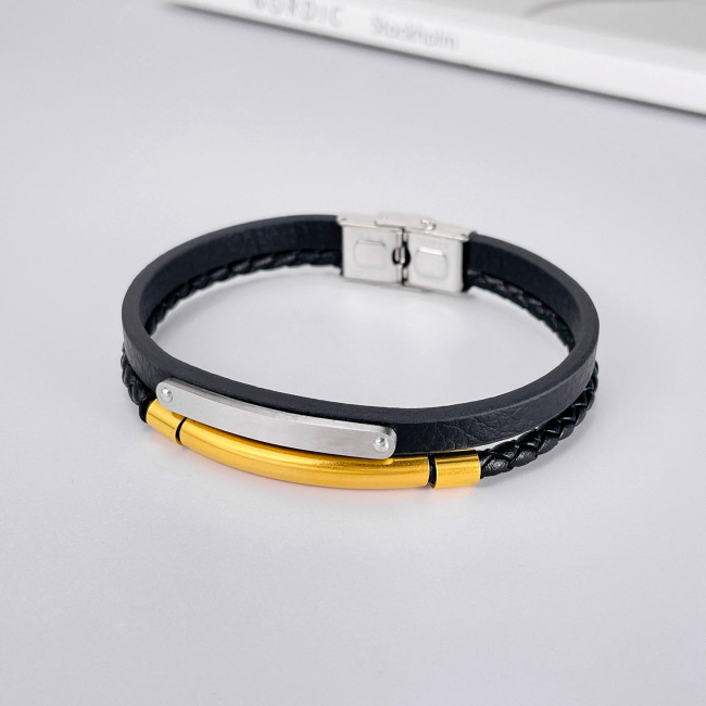 Wholesale Stainless Steel Engravable Leather Bracelet